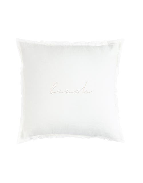 Anaya Beach Script Embroidered White Linen Fringe Pillow With Down Alternative Insert In White