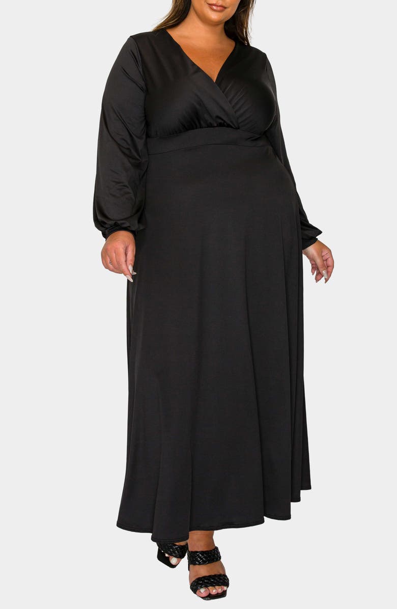 L I V D Sophia Surplice Neck Long Sleeve Satin Maxi Dress, Alternate, color, Black