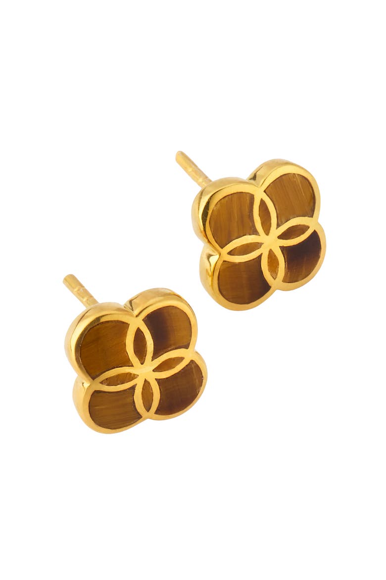 Petal Gemstone With 18K Gold Overlay Sterling Stud Earring, Main, color, BROWN