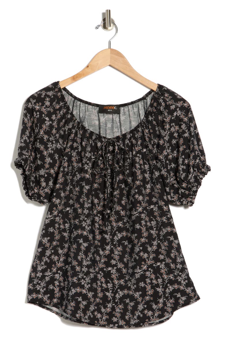 Floral Short Sleeve Top, Alternate, color, BLACK