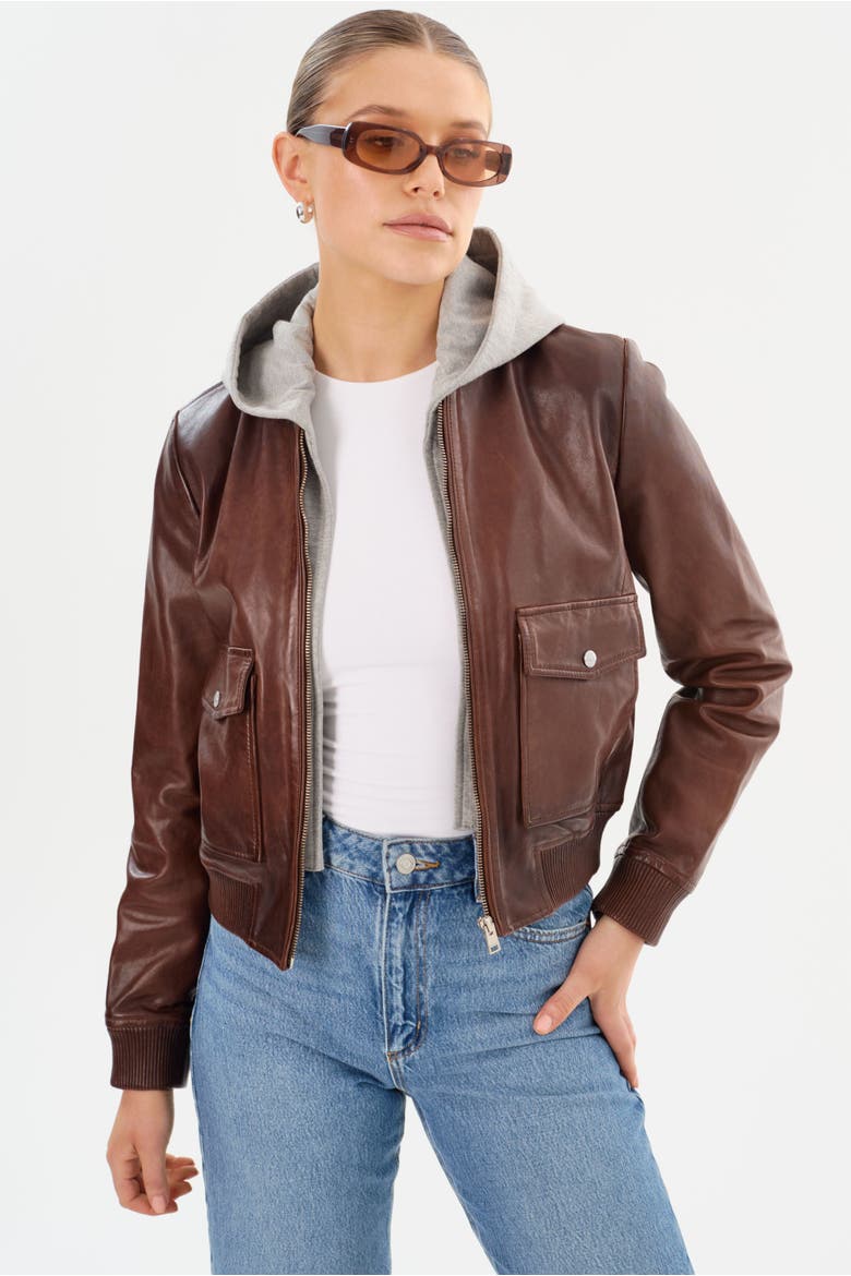 CANDACE | Leather Bomber Jacket, Main, color, Chocolate Brown/Heather Grey