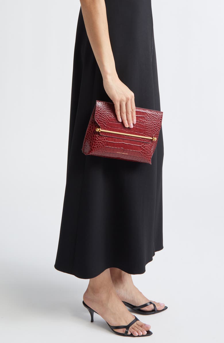 Strathberry Stylist Croc Embossed Leather Clutch, Alternate, color, Oxblood