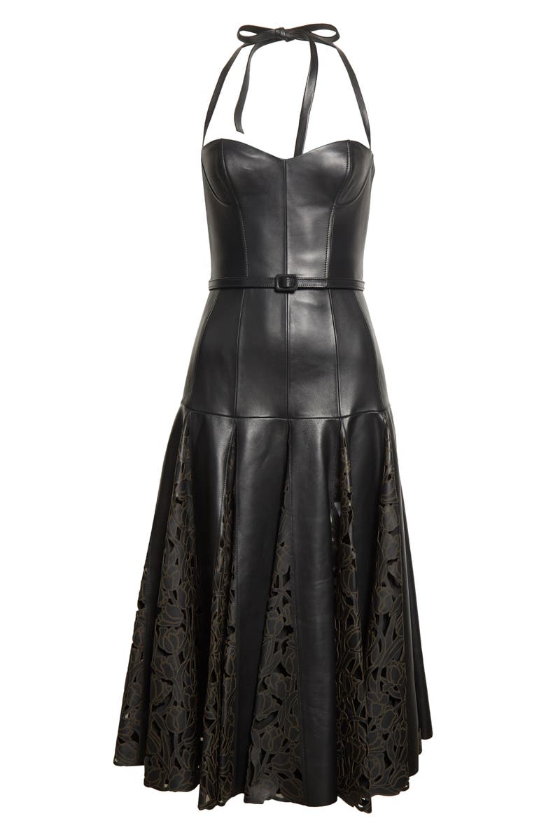Oscar de la Renta Tulip Belted Laser Cutout Godet Lambskin Leather Dress, Alternate, color, 