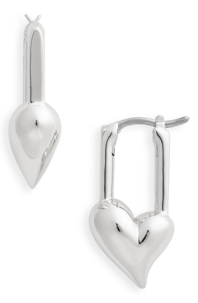 Jenny Bird Padlock Heart Huggie Hoop Earrings, Main, color, High Polish Silver