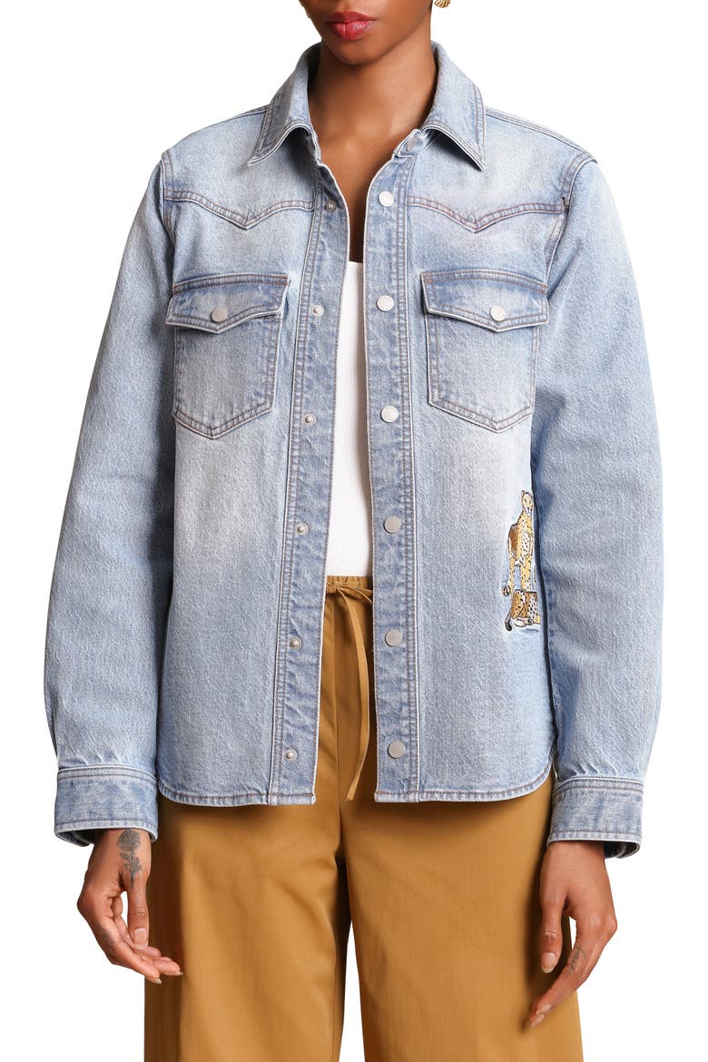 Cheetah Embroidered Stretch Denim Shirt Jacket, Main, color, LIGHT BLUE WASH
