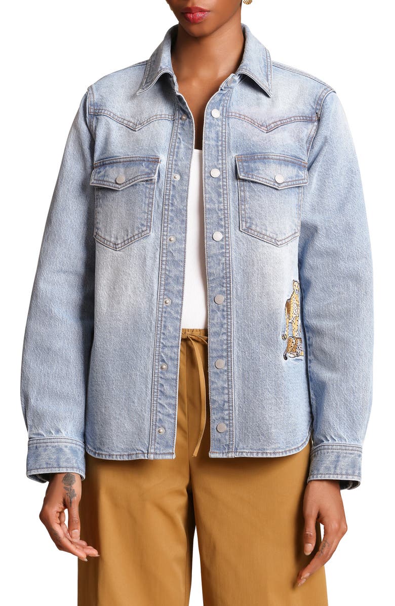 Avec Les Filles Cheetah Embroidered Stretch Denim Shirt Jacket, Main, color, Light Blue Wash