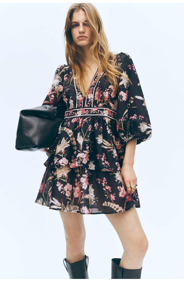 H&M Linen-blend dress, Alternate, color, Black/Floral