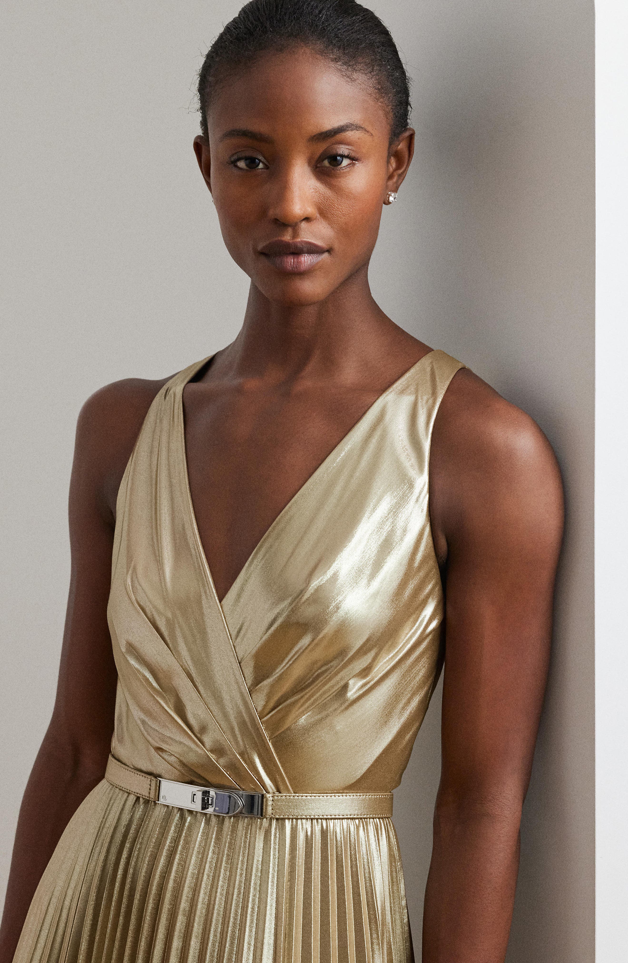 ralph lauren gold metallic dress Lauren Ralph Lauren Metallic Sleeveless Side-Slit Gown