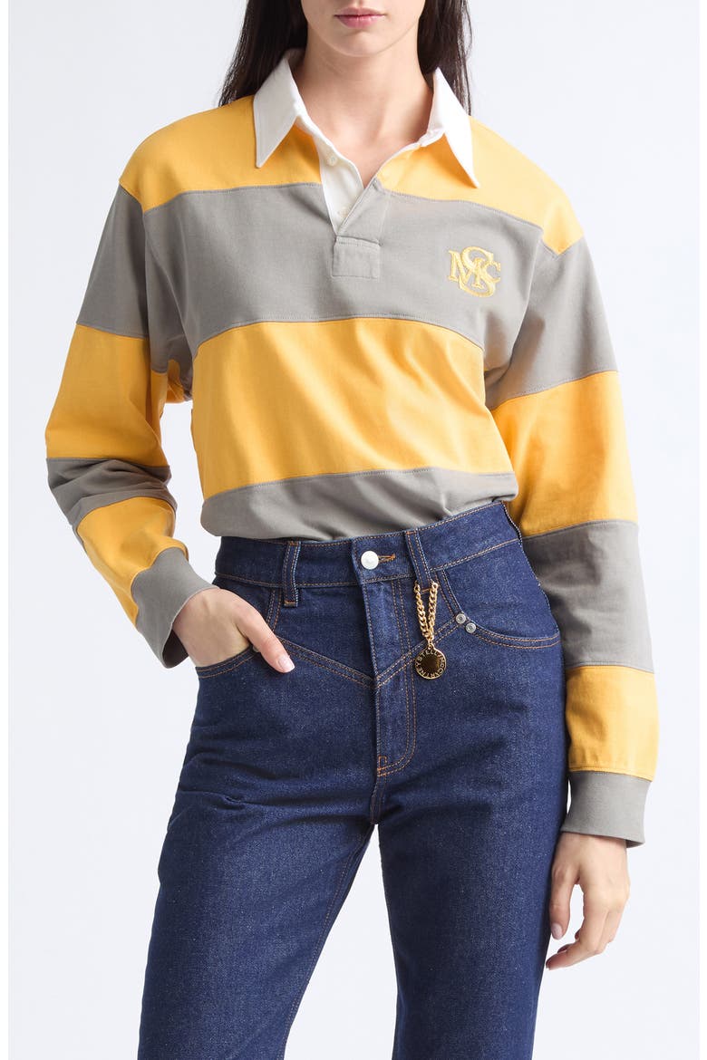 Embroidered Crest Colorblock Stripe Long Sleeve Rugby Polo, Main, color, YELLOW/ TAUPE