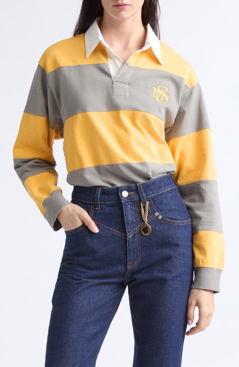 Embroidered Crest Colorblock Stripe Long Sleeve Rugby Polo