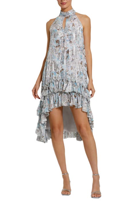 High Neck Keyhole A-Line Floral Ruffle Mini Dress