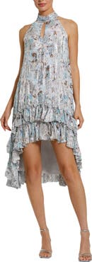 Mac Duggal High Neck Keyhole A-Line Floral Ruffle Mini Dress