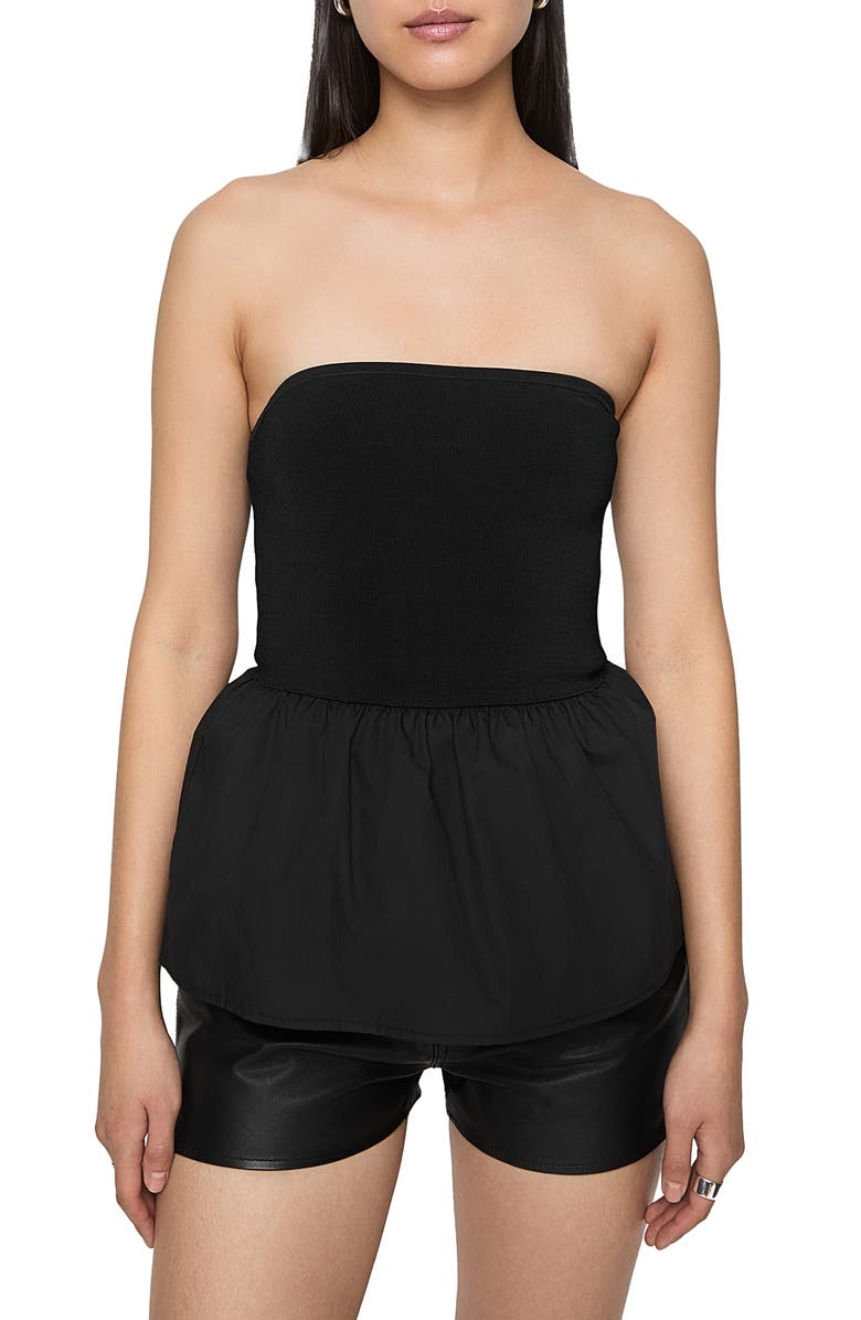 Rebecca Minkoff Ruthie Mixed Media Strapless Peplum Top, Main, color, True Black