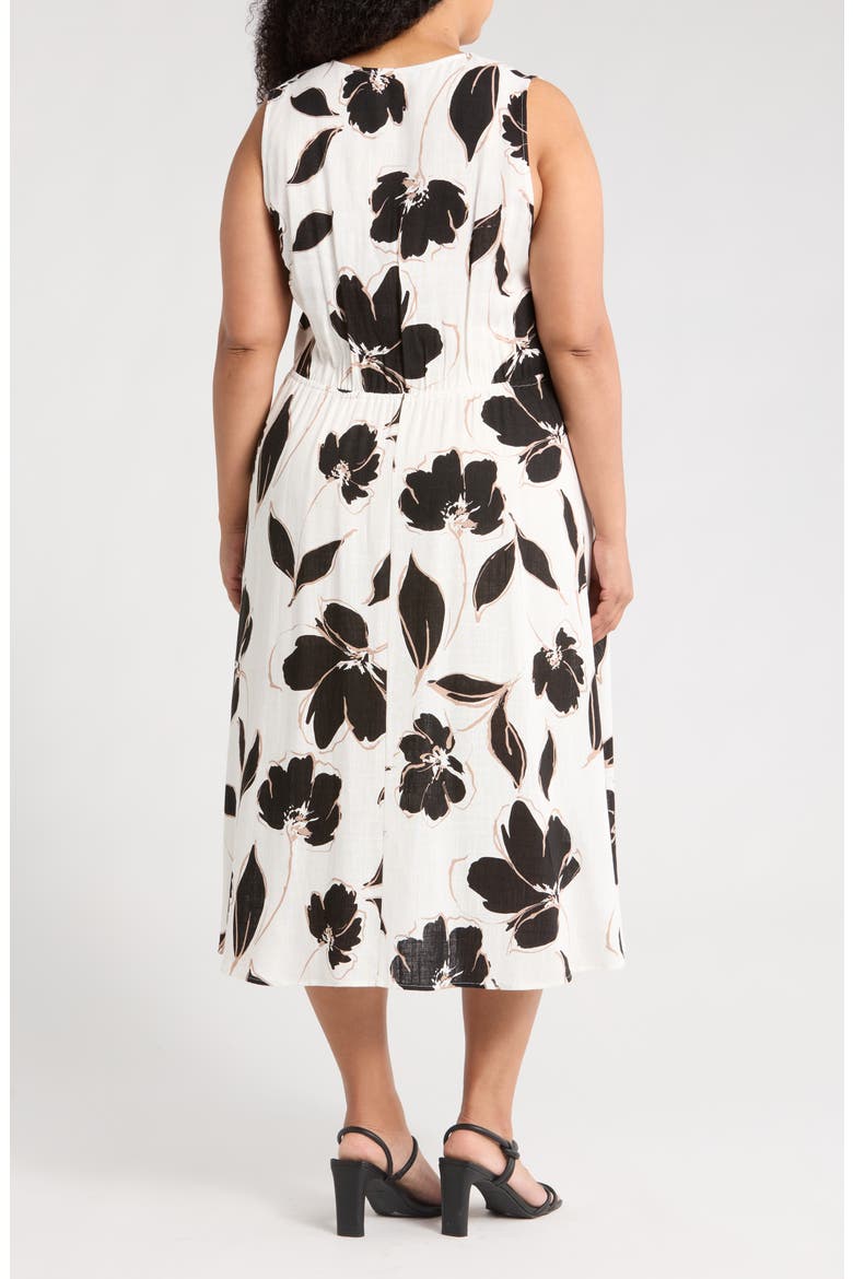 Floral Sleeveless Faux Wrap Midi Dress, Alternate, color, WHITE/ BLACK