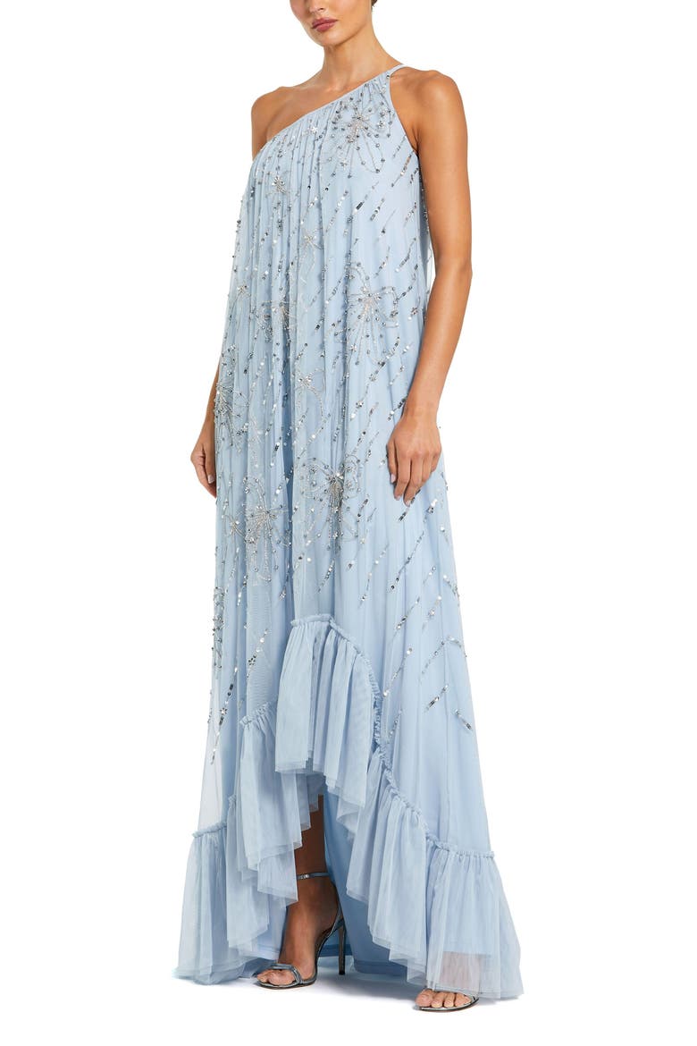 Bow Embellished Mesh One Shoulder High Low Gown, Main, color, Powder Blue