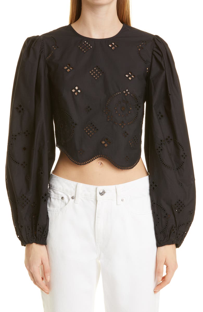 Ganni Broderie Anglaise Cropped Fitted Blouse, Main, color,
