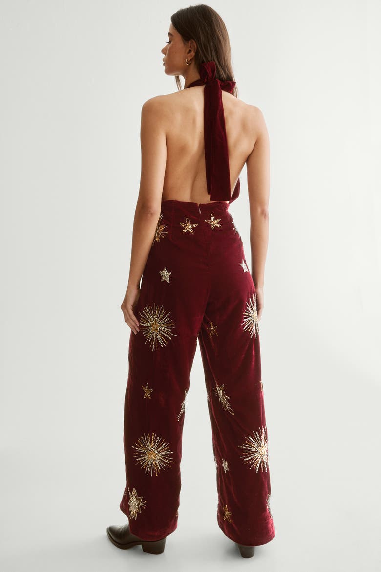 Star Embellished Velvet Halter Jumpsuit, Alternate, color, Wine