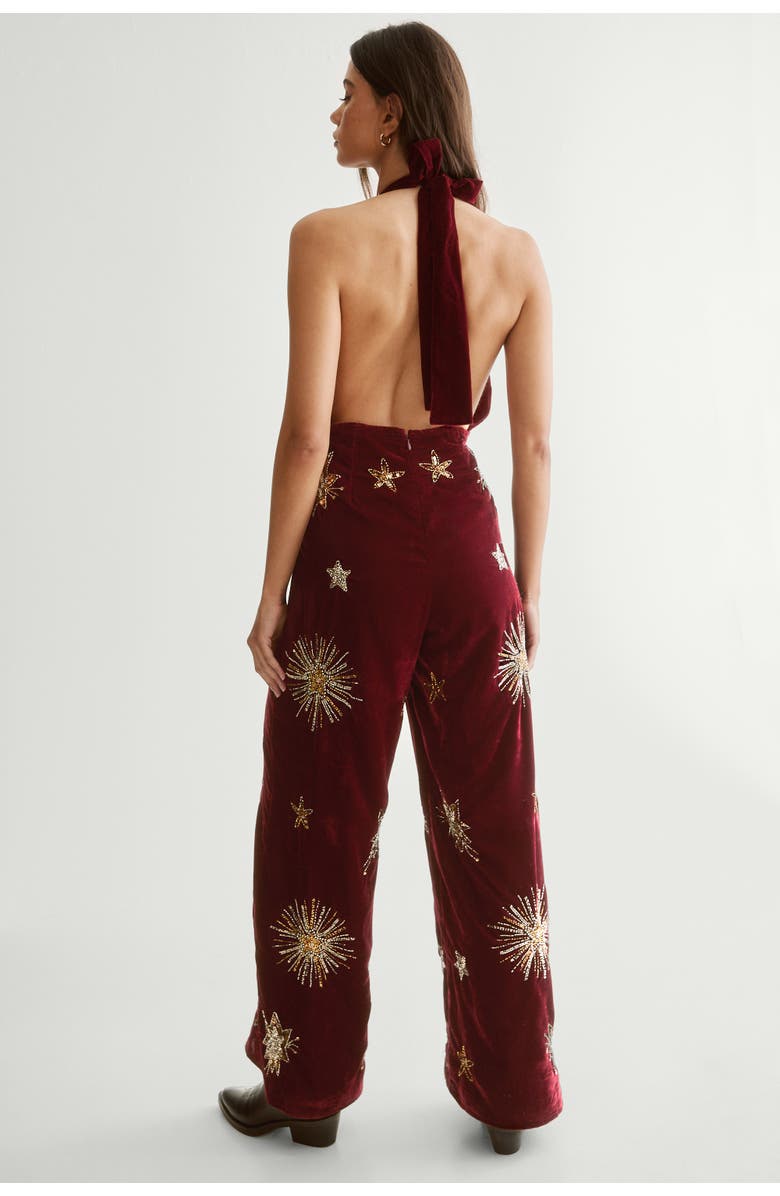 NASTY GAL Star Embellished Velvet Halter Jumpsuit, Alternate, color, Wine