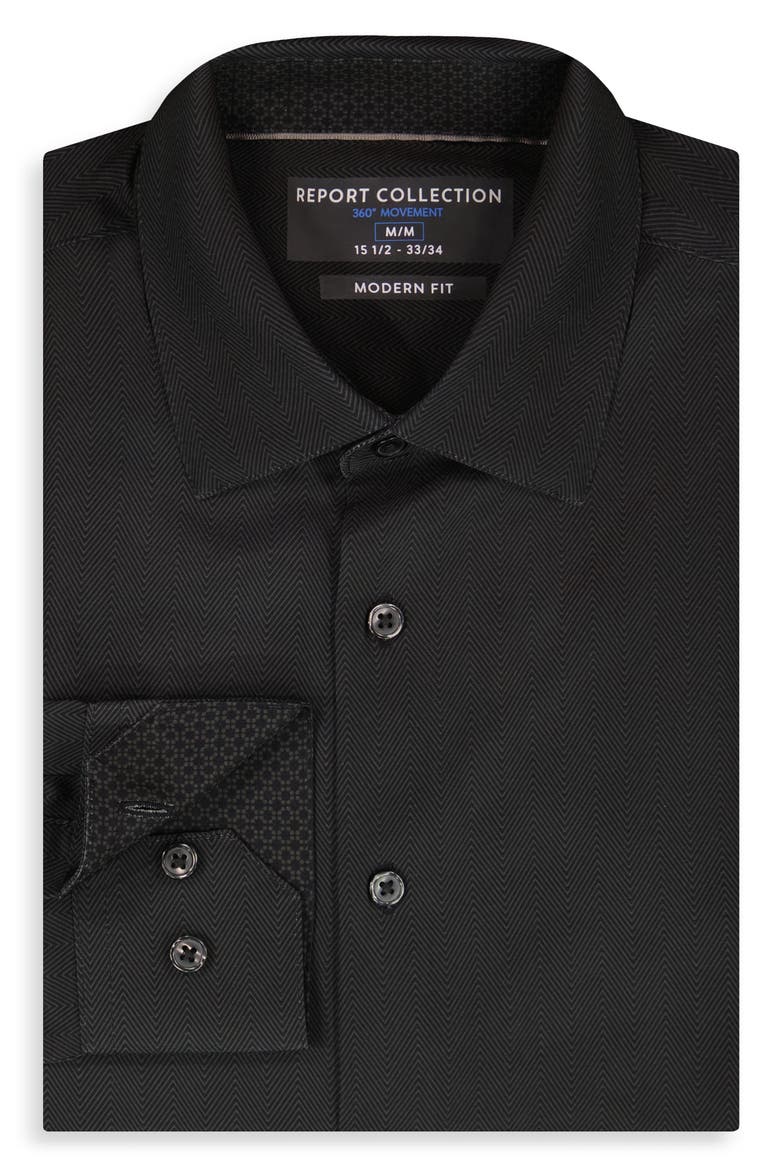 Herringbone Print Slim Fit Stretch Dress Shirt, Alternate, color, BLACK