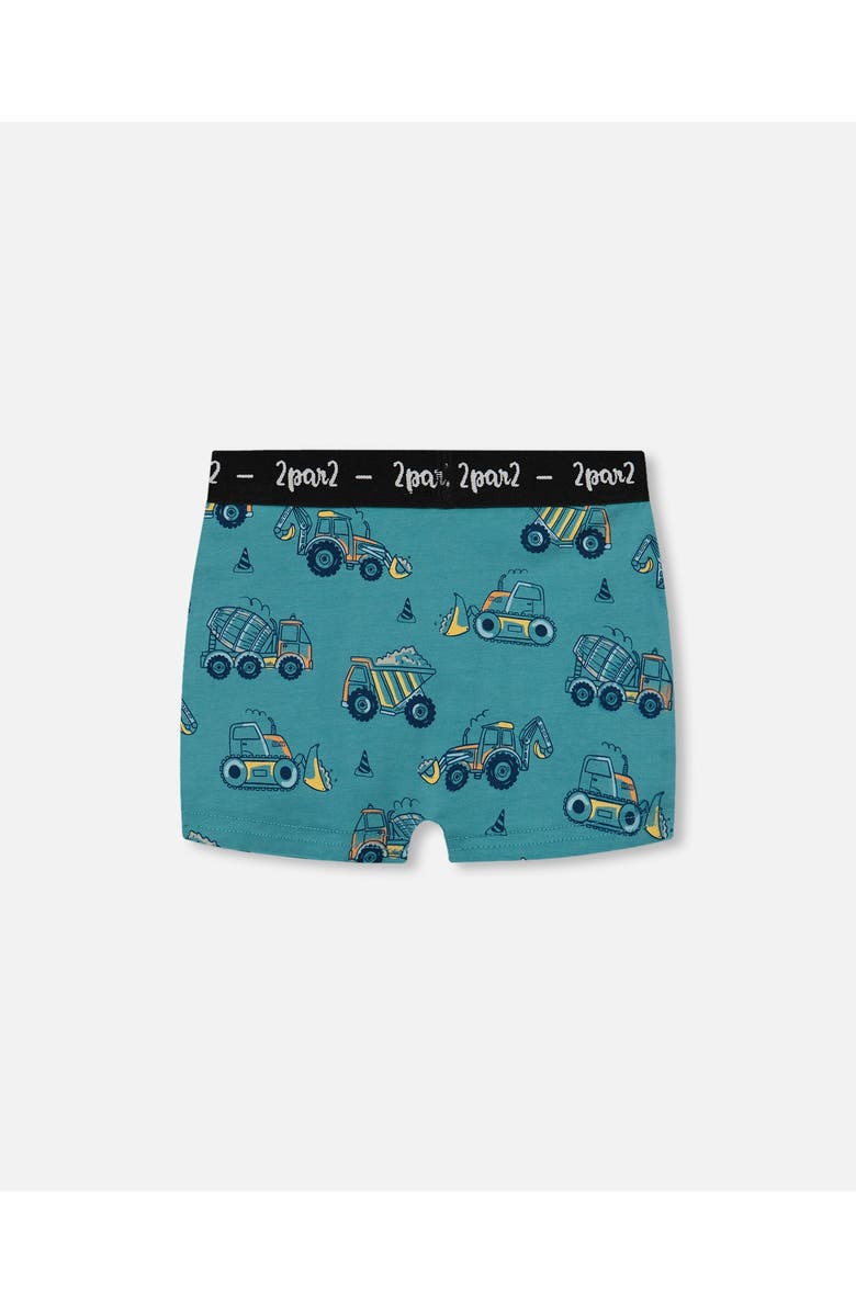 Deux par Deux Boy's Printed Organic Cotton Boxer Shorts Teal With Yellow Truck, Alternate, color, Teal With Yellow Truck