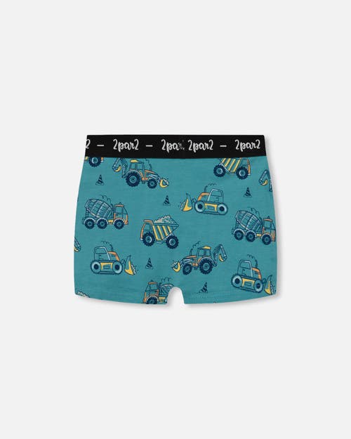 Deux Par Deux Boy's Printed Organic Cotton Boxer Shorts Teal With Yellow Truck In Teal With Yellow Truck