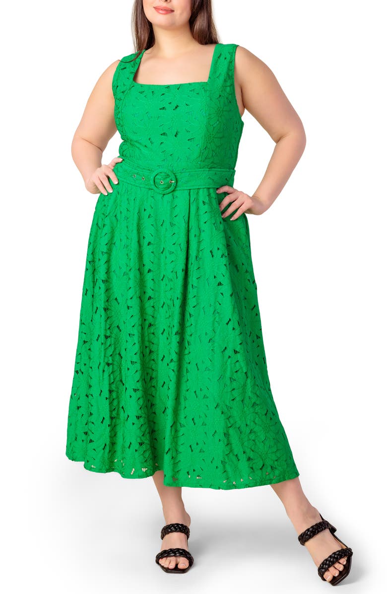 FLYING TOMATO Embroidered Lace Midi Dress, Main, color, Green