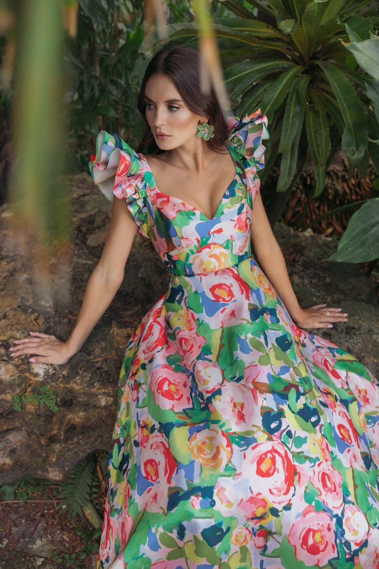 Printed Mikado Ruffle Sleeve V Neck Ballgown, Alternate, color, Blue Multi