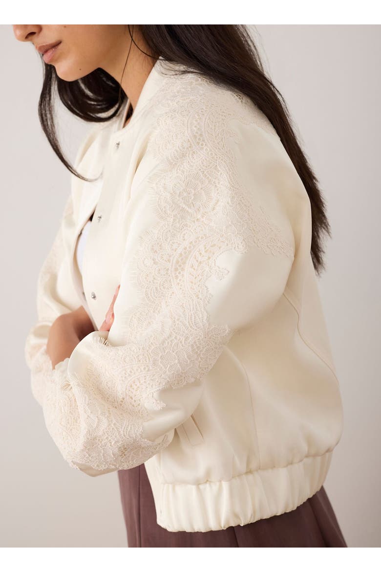 Satin Lace Trim Bomber Jacket, Alternate, color, Cream