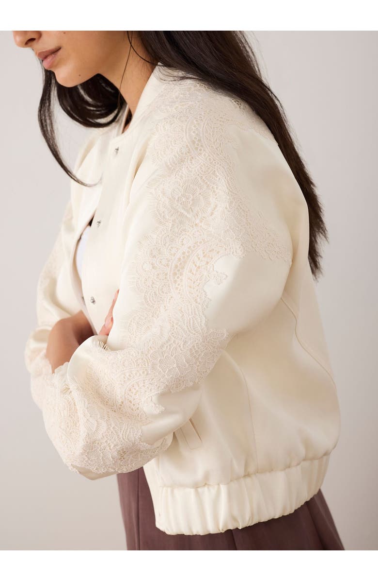 MINT VELVET Satin Lace Trim Bomber Jacket, Alternate, color, Cream