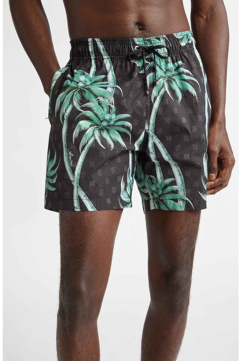 Twisted Palms Print Swim Trunks, Main, color, BLACK
