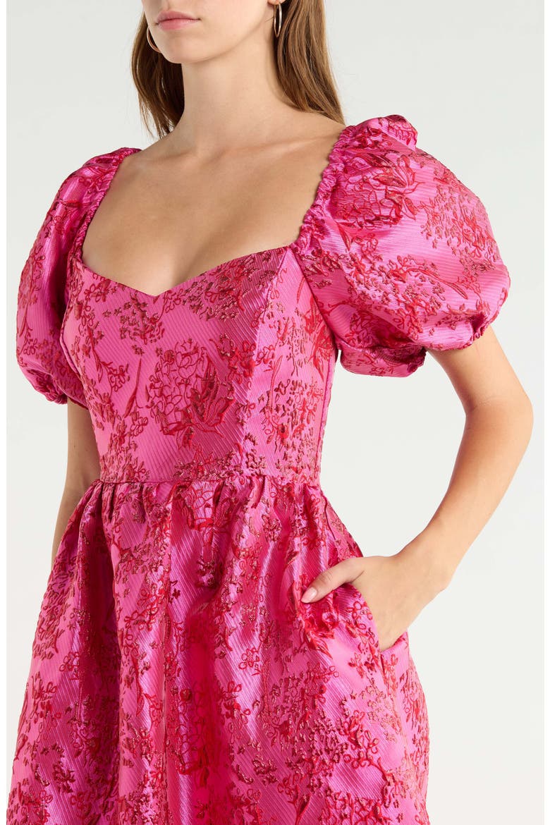 Metallic Floral Jacquard Puff Sleeve Dress, Alternate, color, FUCHSIA