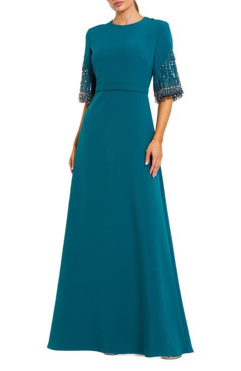 Crepe A Line Gown With Beaded 3/4 Sleeves