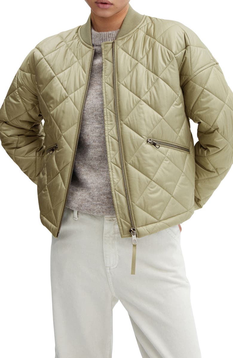 MANGO Quilted Waterproof Bomber Jacket, Main, color, Khaki