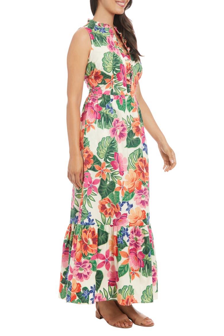Floral Sleeveless Stretch Cotton Poplin Maxi Dress, Alternate, color, IVORY/ PINK