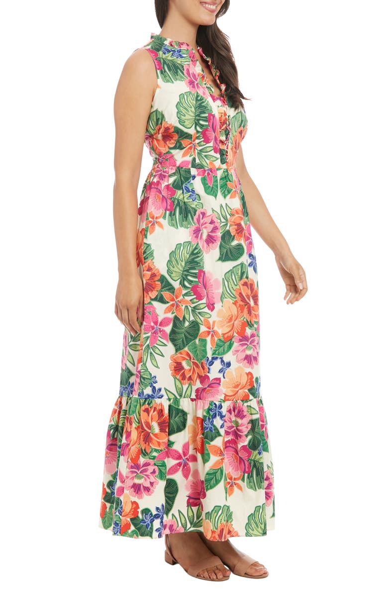 London Times Floral Sleeveless Stretch Cotton Poplin Maxi Dress, Alternate, color, Ivory/ Pink
