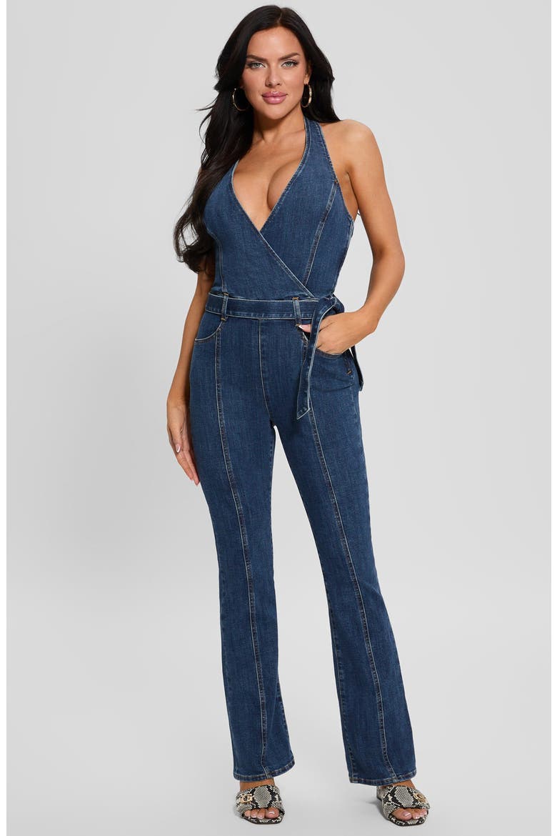 Claire Halter Neck Denim Jumpsuit, Alternate, color, WILLIAM