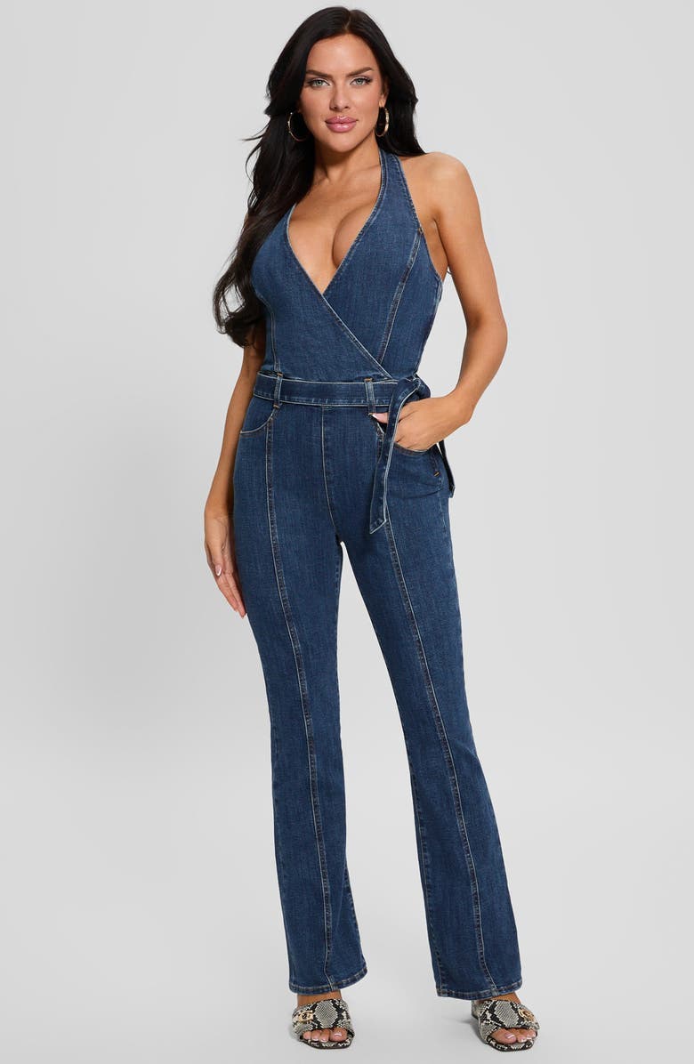 GUESS Claire Halter Neck Denim Jumpsuit, Alternate, color, William