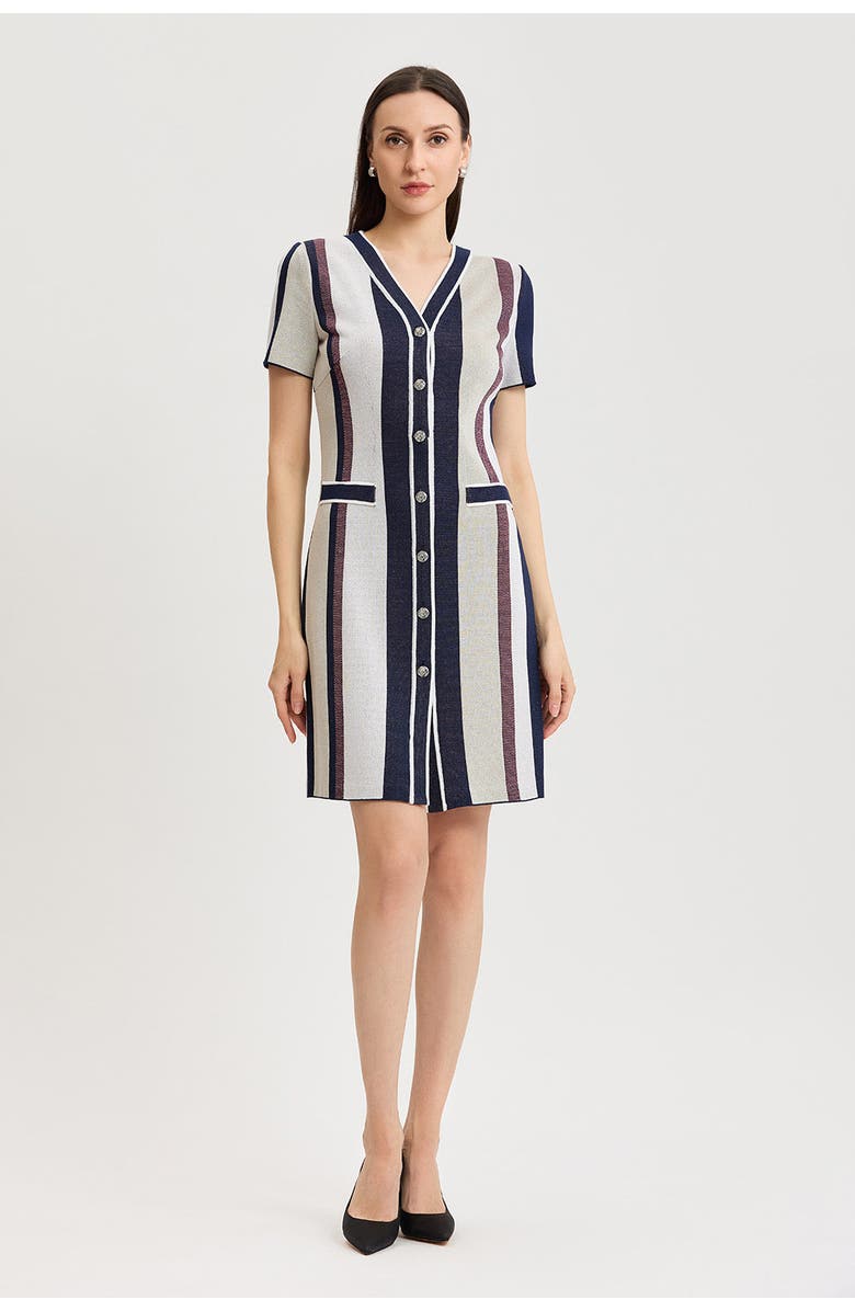 Ming Wang Button-Front Striped Soft Knit Dress, Main, color, Plumeria/Indigo