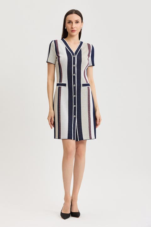 Button-Front Striped Soft Knit Dress