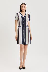 Ming Wang Button-Front Striped Soft Knit Dress