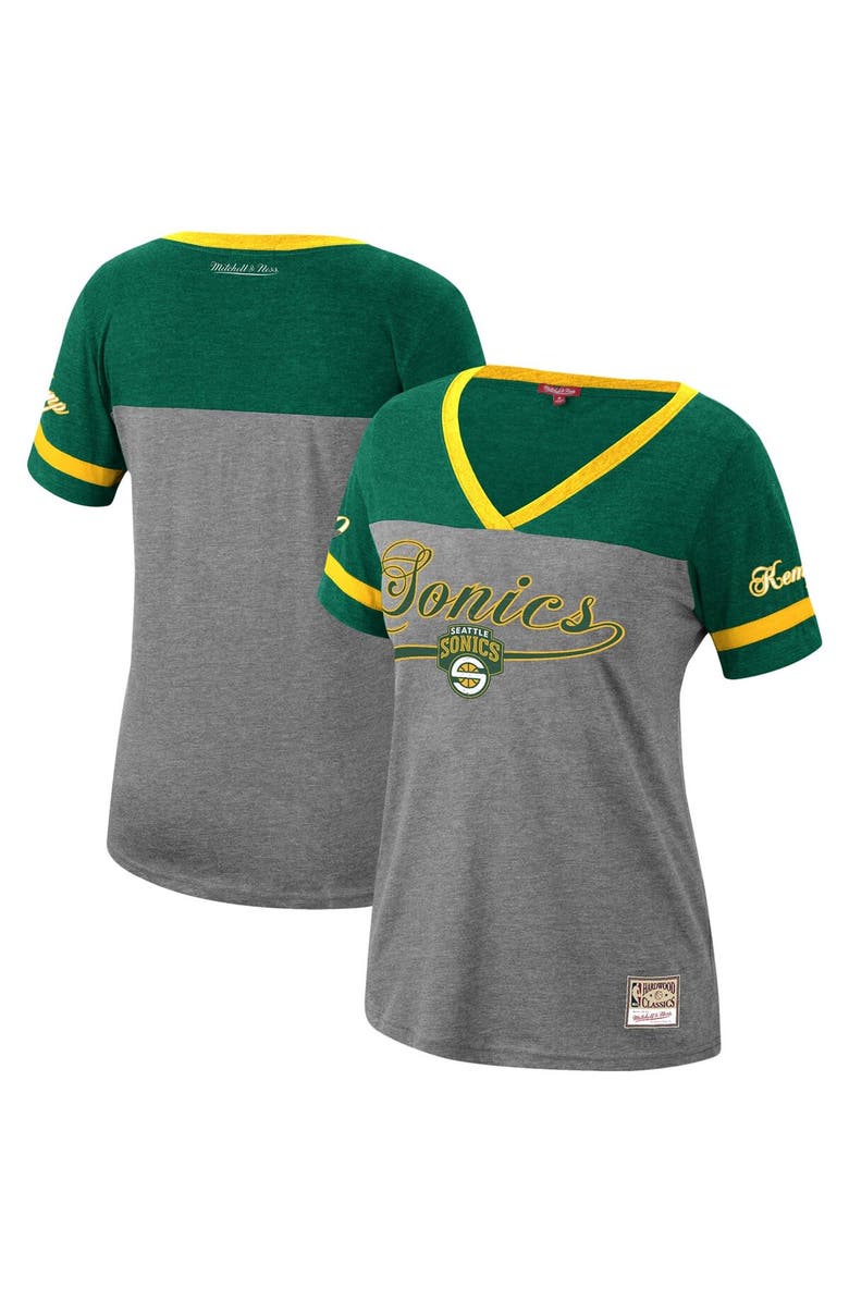 Mitchell & Ness Women's Mitchell & Ness Shawn Kemp Heathered Charcoal Seattle SuperSonics Team Captain V-Neck T-Shirt, Main, color,