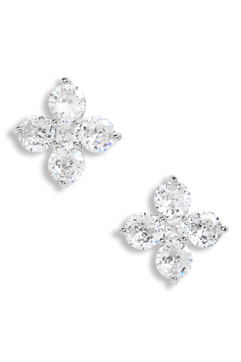 Cubic Zirconia Clover Stud Earrings, Main, color, SILVER