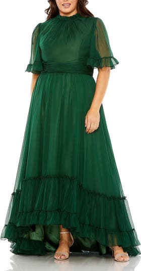 Mac Duggal ラッフル ボリューム チュール Aラインドレス GREEN Green High Neck Gathered Tulle A-Line Swing Dress - Mac Duggal