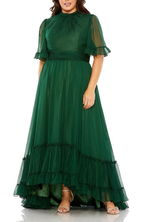 Mac Duggal High Neck Flutter Sleeve Ruffle Tiered High Low Plus Size Gown In Emerald