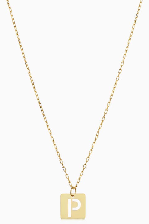 14K Gold Initial Tile Petite Necklace