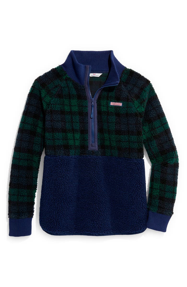 vineyard vines Women's Black Watch Plaid Teddy Fleece Half Zip Pullover, Main, color,