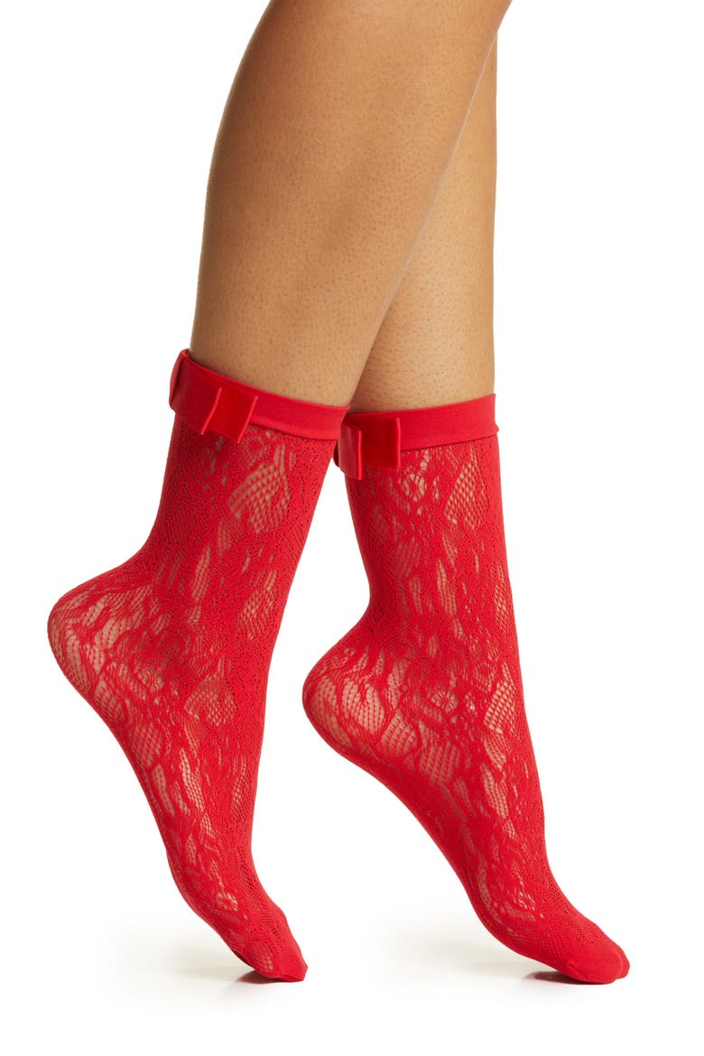 Coco Bow Lace Crew Socks, Main, color, RED