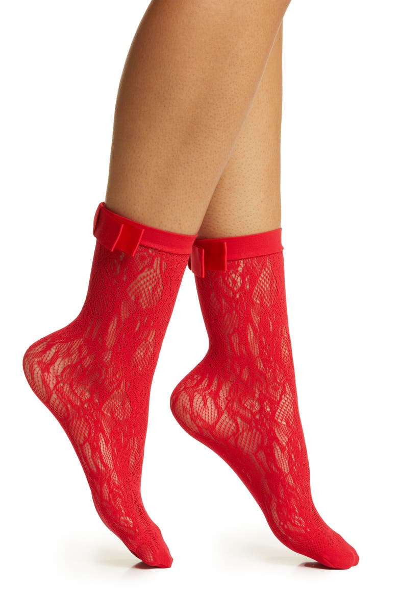 HIGH HEEL JUNGLE Coco Bow Lace Crew Socks, Main, color, Red