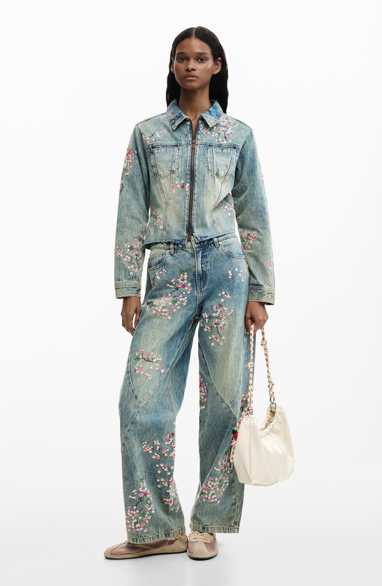 Desigual Embroidered Denim Trucker Jacket, Alternate, color,