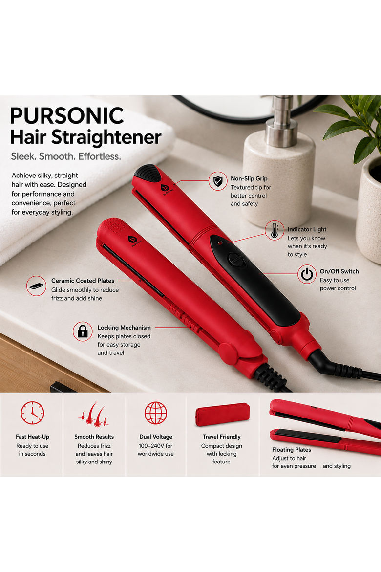 Flat Iron with A Free Travel Straightener, Alternate, color, Red